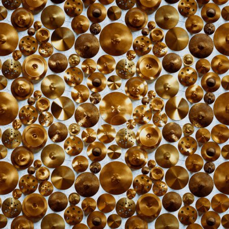 Téléchargez les photos : Affichage de près d'un mélange éclectique de cymbales dorées brillantes, capturant les textures et les tailles complexes en mettant l'accent sur leurs surfaces réfléchissantes et leur essence musicale. - en image libre de droit