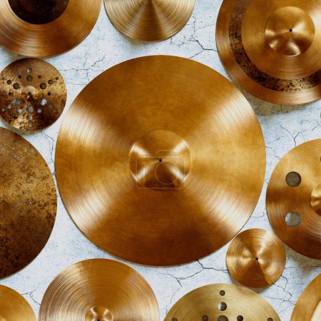 Close-up of an array of professional cymbals showcasing various sizes, finishes, and patterns, arranged on a rugged concrete surface with visible textures.