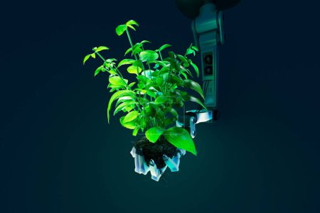 An advanced robotic hand presents a striking contrast as it tenderly holds a vibrant green plant, showcasing a harmonious blend of cutting-edge technology and natural vitality