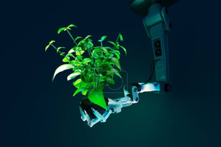 Ein hoch entwickelter Roboterarm verkörpert eine harmonische Koexistenz mit der Natur, indem er eine Topfpflanze zart in der Hand hält, was die Synergie zwischen fortschrittlicher Technologie und Umweltschutz symbolisiert..