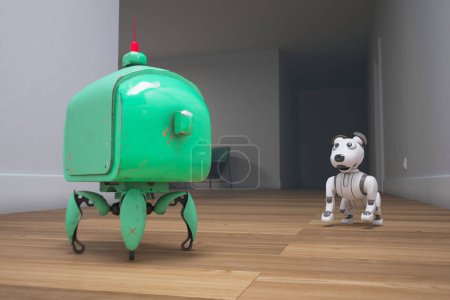 Image zeigt einen naturgetreuen grünen Roboter und einen interaktiven Roboterhund in einem eleganten, zeitgemäßen Zuhause und deutet auf eine progressive, automatisierte Zukunft hin..