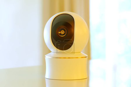 An advanced, modern designed security camera overlooking a bright interior, epitomizing contemporary surveillance technology for home protection.