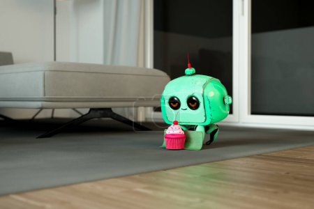 Téléchargez les photos : Un charmant robot turquoise aux yeux expressifs offre un cupcake rose unique au milieu d'un espace de vie élégant et moderne doté d'un mobilier sobre et branché. - en image libre de droit