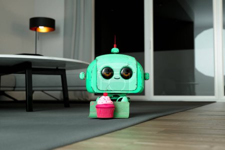 Ein entzückender grüner Roboter mit ausdrucksstarken Augen teilt sich einen frisch gebackenen rosafarbenen Cupcake, der den Reiz fortschrittlicher Technologie mit der Wärme des Wohnkomforts verbindet..