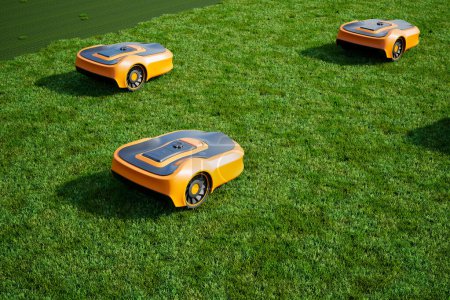 Ein Trio modernster Mähroboter, der autonom das Gras in einem Vorortgarten navigiert und trimmt und die Schnittstelle zwischen Technologie und häuslicher Rasenpflege darstellt.