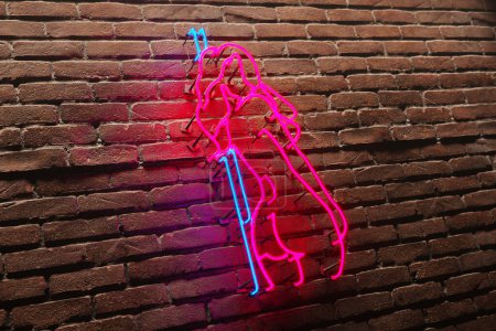 Téléchargez les photos : Contour néon frappant de la silhouette d'une femme, coulant audacieusement une lueur séduisante sur le fond rugueux d'un mur de briques rouge foncé, symbolisant l'art urbain et la vie nocturne. - en image libre de droit