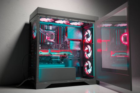 Dieses Bild zeigt einen anspruchsvollen High-End-Gaming-Desktop mit strahlendem Neon-Licht und erstklassigen Hardwarekomponenten, die durch sein transparentes Gehäuse gut sichtbar sind..