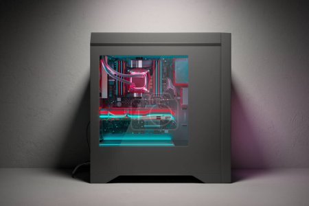 Photo for A top-of-the-line gaming PC tower displaying vibrant LED lighting and high-performance cooling systems, set against a minimalist backdrop showcasing its sleek design. - Royalty Free Image