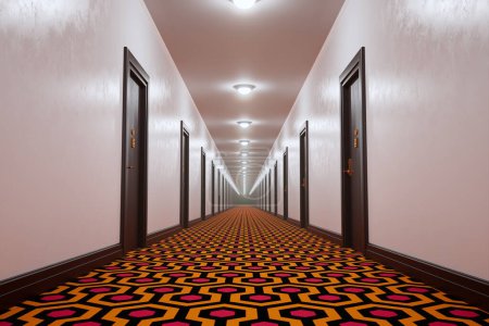 Photo for A long, elegant hotel corridor showcasing a striking, geometric-patterned carpet, flanked by numerous doors and softly illuminated by stylish ceiling lights for a welcoming ambience. - Royalty Free Image