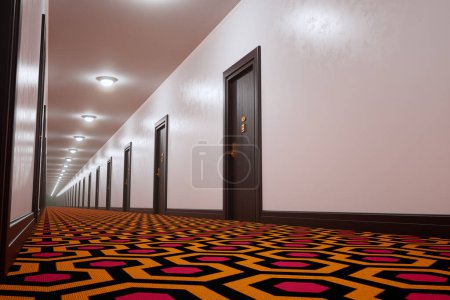 Foto de Este atractivo pasillo del hotel presenta elegantes puertas de paneles de madera y una llamativa y colorida alfombra a lo largo de su longitud, flanqueada por una iluminación contemporánea.. - Imagen libre de derechos