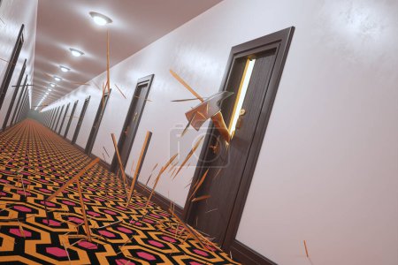 An intricately digital rendering of a lively corridor with axe and debris defying gravity, piercing through doors within an abstract, dystopian atmosphere.