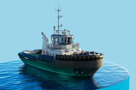 Foto de Ilustración detallada de un remolcador moderno y potente, equipado con equipos de navegación de última generación, que avanza a través de serenas extensiones marítimas de color azul profundo. - Imagen libre de derechos