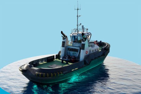 Téléchargez les photos : Illustration numérique 3D vivante d'un remorqueur moderne à flot sur des eaux océaniques sereines et bleu profond, mettant en valeur le design élégant et la fonctionnalité maritime du navire. - en image libre de droit
