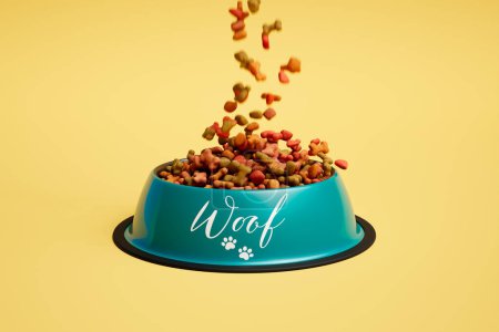 Premium dry dog food tumbling into a blue Woof inscribed bowl, highlighted by a vivid yellow background, illustrating a pet's feeding time with bright, playful colors.