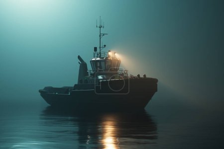 A stunning silhouette of a lone tugboat traverses foggy waters, its beacon light piercing the dusk's haze, exemplifying serene maritime navigation.