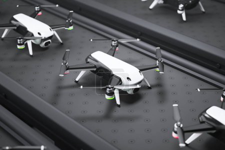 Una línea de ensamblaje de drones que exhibe automatización, robótica e ingeniería de precisión de última generación en un entorno de fabricación de alta tecnología.