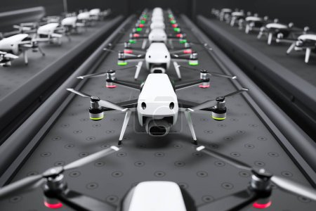 Foto de Una vista impresionante de los drones avanzados que se ensamblan en una línea de producción automatizada de última generación, que refleja la tecnología de vanguardia y la innovación industrial en la fabricación de UAV. - Imagen libre de derechos