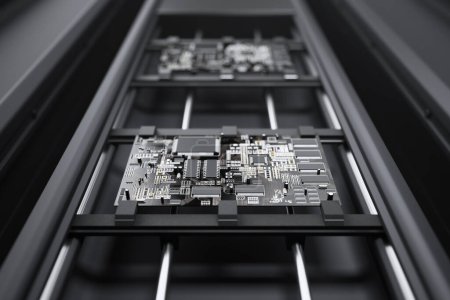 Un macro shot haute définition met en valeur un circuit imprimé moderne sophistiqué marqué par des composants électroniques complexes, reflétant l'innovation.