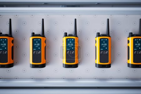 A meticulously arranged professional walkie-talkies with vibrant orange and black casings, highlighted against a contrasting patterned backdrop, exemplifying modern communication tools.