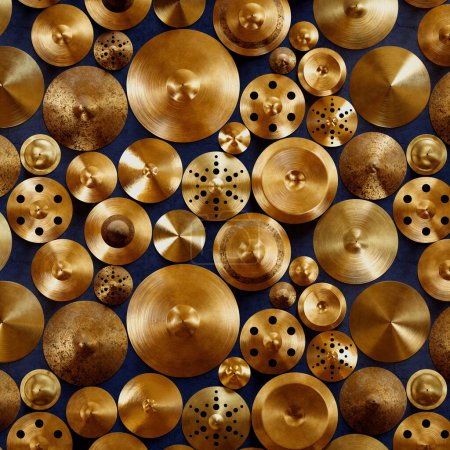 Photo for A meticulously curated selection of gleaming brass cymbals, each projecting its distinctive texture and pattern, poised elegantly on an alluring blue canvas. - Royalty Free Image