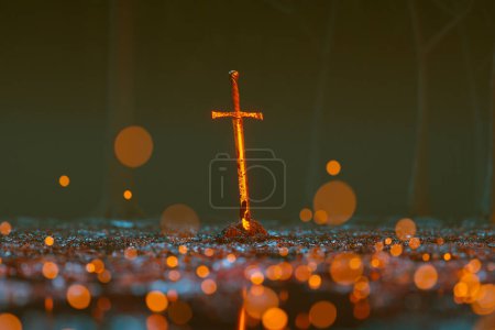 Photo for An enigmatic sword radiates a captivating glow, standing proudly in the shadows. Surrounded by ethereal bokeh lights, it conjures up tales of ancient legends and mystical battles. - Royalty Free Image