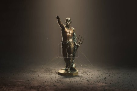 Photo for Captivating close-up of a regal bronze Poseidon statue, trident raised high, bathed in a stunning spotlight that dramatically accentuates its intricate details and timeless elegance. - Royalty Free Image