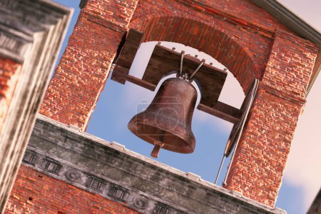 Foto de Una impresionante vista hacia arriba de una elegante campana antigua acunada dentro de un campanario de ladrillo envejecido, reverberando la historia contra el tranquilo telón de fondo del cielo azul. - Imagen libre de derechos
