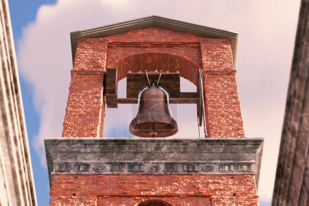 Foto de Una exquisita campana de bronce antiguo domina la escena dentro de un campanario de ladrillo vintage, de pie orgullosamente bajo el cielo azul claro, ofreciendo una visión del pasado. - Imagen libre de derechos