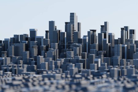 Téléchargez les photos : Un rendu 3D complexe, généré par ordinateur, d'un paysage urbain abstrait futuriste, présentant une collection dense de bâtiments de grande hauteur sous un ciel crépusculaire. - en image libre de droit