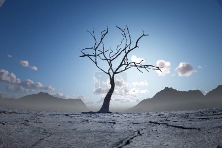 A withered tree rises starkly on parched ground, encapsulated by a vast, arid landscape with mountains looming under an expansive cloud-speckled sky.