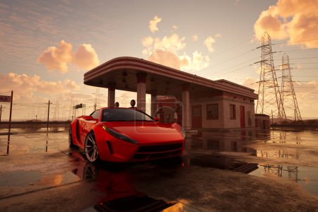 A gleaming red sports car makes a striking impression at a gas station, its sleek contours mirrored on the wet ground under a twilight sky dappled with clouds.