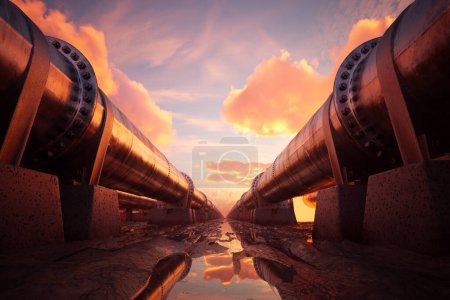 A sweeping view of industrial pipelines reaching toward the horizon, bathed in the warm glow of the setting sun, with metallic reflections in the foreground puddles.