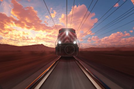 Photo for Capturing the essence of rapid transit, this image showcases an express train hurtling through a desert expanse as twilight swathes the scene, juxtaposed against a fiery sunset sky - Royalty Free Image