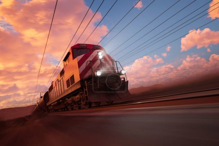 Photo for Captivating image of a lengthy freight train in motion, snaking its way through a rural landscape against the backdrop of a stunning, cloud-strewn sunset. - Royalty Free Image