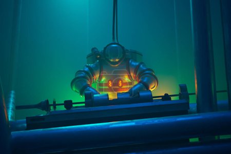 Dieses konzeptionelle Bild präsentiert einen fortschrittlichen Tiefsee-Taucheranzug mit modernster Beleuchtung, der in einer geheimnisvollen Unterwasserumgebung spielt, die sowohl Erforschung als auch Technologie evoziert..