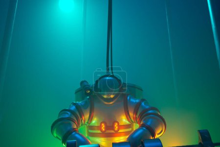 Foto de Una imagen representada en 3D que captura a un buceador de aguas profundas, iluminado por una luz naranja, sumergiéndose en las profundidades turquesas del océano. - Imagen libre de derechos