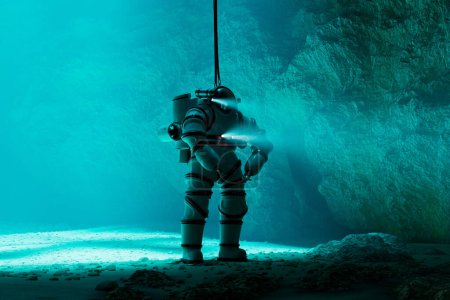 Téléchargez les photos : Robot sous-marin autonome naviguant dans les profondeurs ombragées d'une grotte marine, entouré de formations rocheuses complexes et éclairé par un éclairage intégré, capturant l'essence de l'exploration moderne. - en image libre de droit