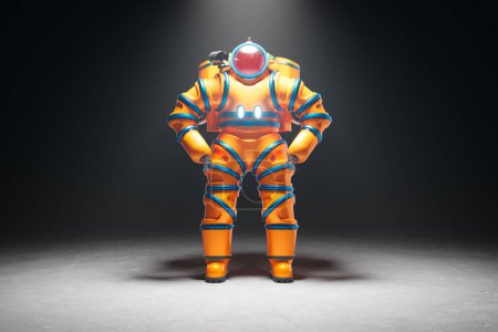 Illuminated presentation of a diving suit in a dark room, showcasing an orange suit with blue accents from an overhead light