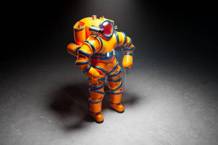 Detailed 3D illustration of a cutting-edge, orange deep-sea diving suit against a stark backdrop, highlighting its futuristic technology and robust design.