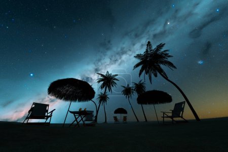 Foto de Una noche tranquila cubre una idílica playa exótica; palmeras y sillones proyectan siluetas contra un fascinante cielo estrellado, encapsulando la esencia de un sereno retiro tropical. - Imagen libre de derechos