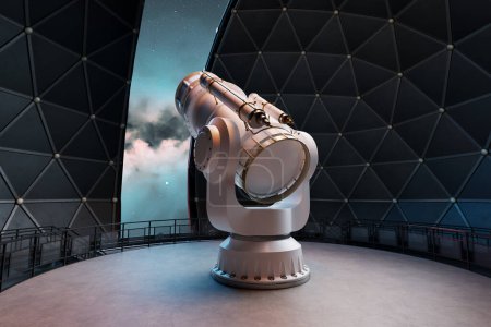 Un impressionnant télescope géant avancé prêt pour l'exploration céleste, dominant l'intérieur d'un dôme d'observatoire moderne sur fond de ciel étoilé captivant.
