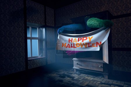 Foto de Esta imagen captura una bandera de Halloween feliz en una habitación con un ambiente antiguo, envuelta en la oscuridad y adornada con una decoración milenaria, personificando la esencia de las festividades espeluznantes de octubre. - Imagen libre de derechos