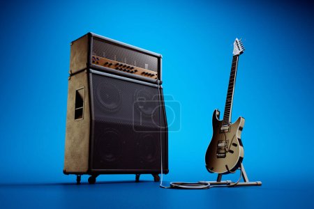 Téléchargez les photos : Une image saisissante mettant en scène une guitare électrique dorée liée à un amplificateur, mettant en valeur l'essence de la production musicale et des performances en direct sur un fond bleu intense. - en image libre de droit