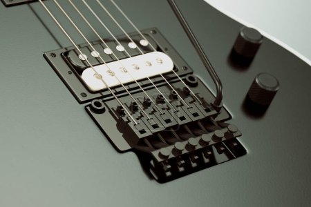 Téléchargez les photos : Gros plan capturant les composants complexes d'une guitare électrique, mettant en valeur les cordes, les micros et les chevilles de réglage en mettant l'accent sur l'artisanat et la qualité sonore. - en image libre de droit