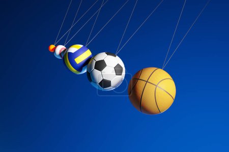 Téléchargez les photos : Une gamme vibrante de balles sportives, y compris le basket-ball, le soccer, le volley-ball et le baseball, capturées en suspension avec un ciel bleu vif comme toile de fond, représentant le mouvement et la diversité. - en image libre de droit