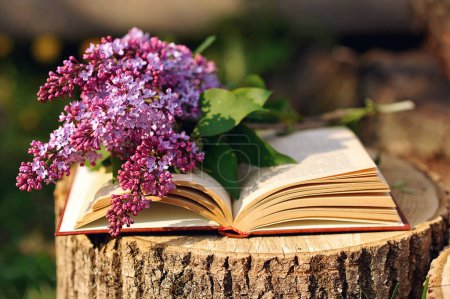 Au printemps. Un bouquet de fleurs de lilas et un vieux livre. Livre de poésie et branche lilas. Journée des professeurs. Papier peint, photo horizontale. Espace de copie pour le texte