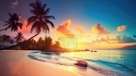 Téléchargez les photos : Beau paysage de paradis plage île tropicale, coup de soleil - en image libre de droit