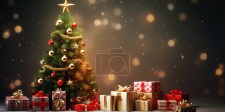 Téléchargez les photos : Arbre de Noël et cadeaux de Noël. Bannière de Noël ou conception de carte de voeux - en image libre de droit