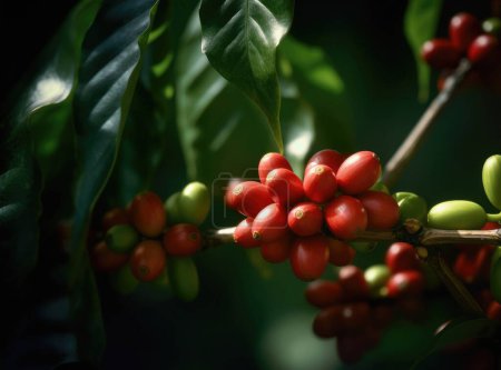 Botanisches Foto einer roten Kaffeepflanze Bohnen aus nächster Nähe