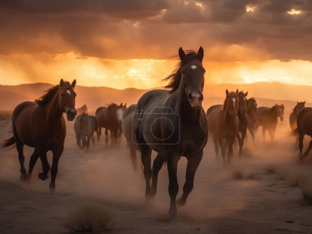 Téléchargez les photos : Chevaux courir librement sur la tempête du désert contre le ciel couchant - en image libre de droit